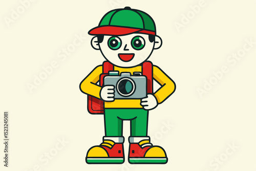 Cartoon character with camera, photography lover, cute figure, travel photographer, green hat, yellow clothes, gray camera, happy face, vector design, tourist symbol.
