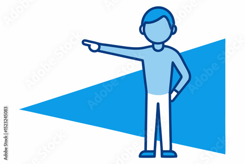 Blue simple - drawn character pointing, direction gesture, blue figure, simple illustration, pointing action, vector art, graphic element, guide icon, minimalist design, direction concept.