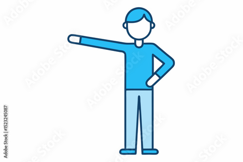 Blue simple - drawn character pointing, direction gesture, blue figure, simple illustration, pointing movement, vector art, graphic element, guide icon, minimalist style, direction idea.