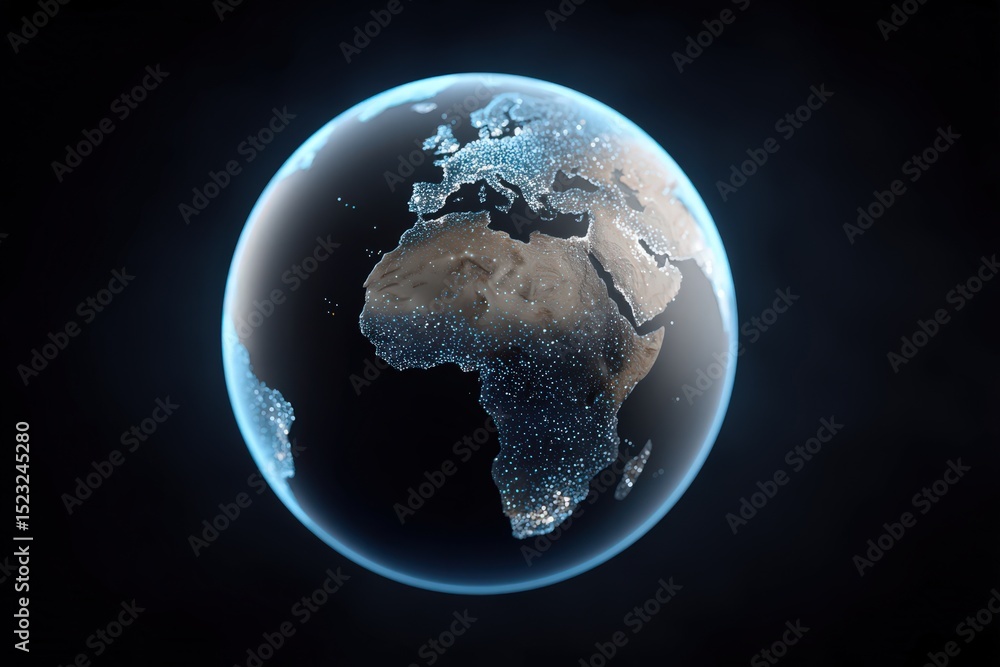 Fototapeta premium Stunning 3D representation of Earth showcasing the intricate details of continents and oceans illuminated by glowing lights highlighting urban areas and natural landscapes in captivating visual