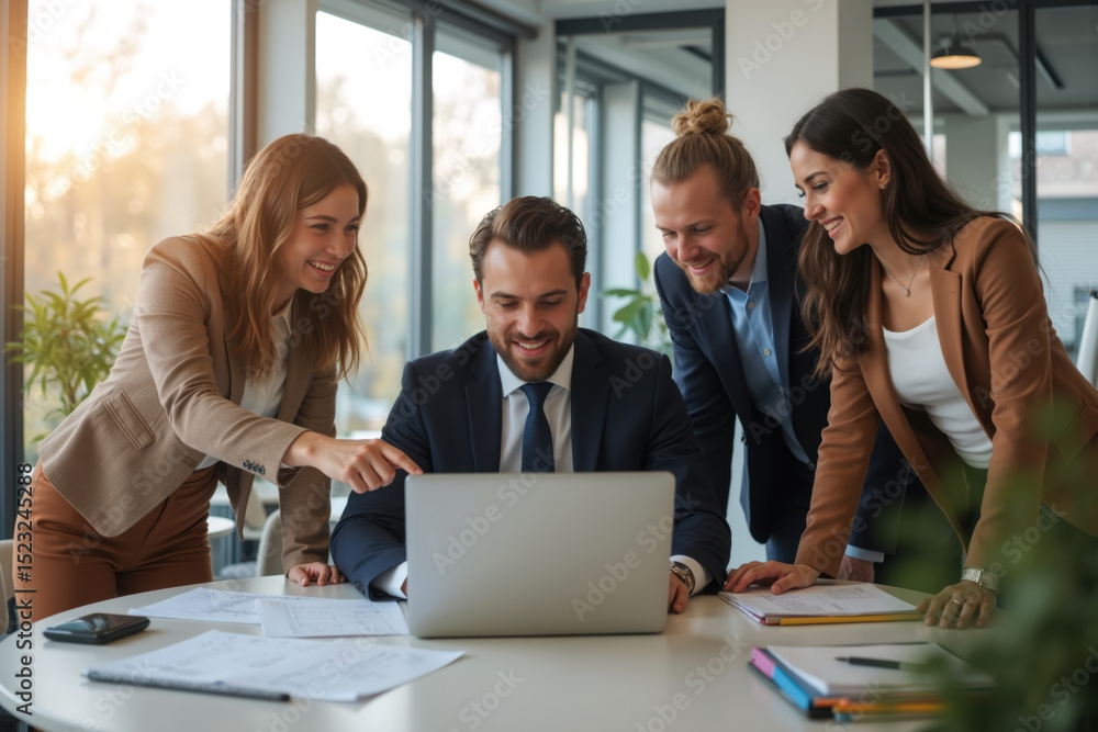 Four colleagues collaborating, smiling, pointing at laptop screen in bright office. Four colleagues collaborating, smiling, pointing at laptop screen in bright office.