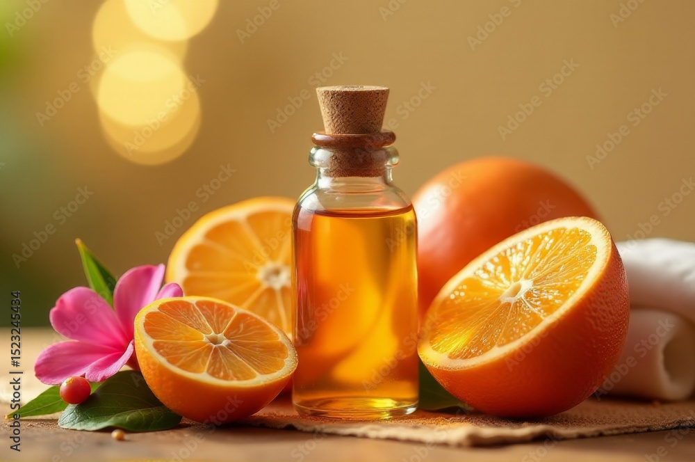 Close-up shot of a bottle of orange essential oil placed next to sliced oranges, great for beauty and wellness concepts Close-up shot of a bottle of orange essential oil placed next to sliced oranges, great for beauty and wellness concepts