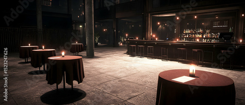 Night Restaurant Interior With Dim Lighting And Tables