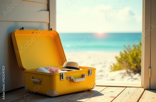A yellow suitcase with clothes lies on the terrace of a beach bungalow, with a seascape in the background