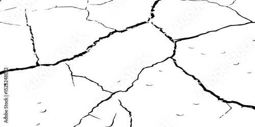 Generate a high-contrast image of a cracked white surface. The cracks should be dark and irregular, forming a network across the white background, resembling dried earth, cracked paint, 