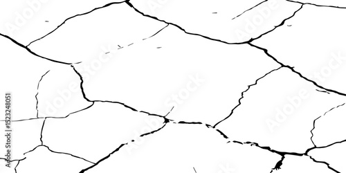 Generate a high-contrast image of a cracked white surface. The cracks should be dark and irregular, forming a network across the white background, resembling dried earth, cracked paint, 