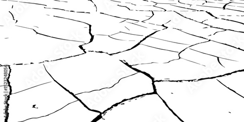 Generate a high-contrast image of a cracked white surface. The cracks should be dark and irregular, forming a network across the white background, resembling dried earth, cracked paint, 