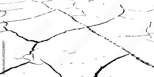 Generate a high-contrast image of a cracked white surface. The cracks should be dark and irregular, forming a network across the white background, resembling dried earth, cracked paint, 