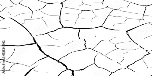 Generate a high-contrast image of a cracked white surface. The cracks should be dark and irregular, forming a network across the white background, resembling dried earth, cracked paint, 