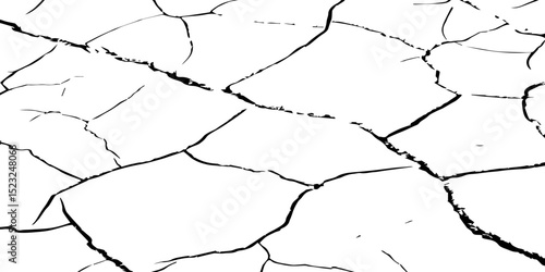 Generate a high-contrast image of a cracked white surface. The cracks should be dark and irregular, forming a network across the white background, resembling dried earth, cracked paint, 