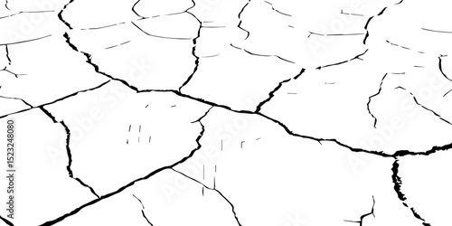 Generate a high-contrast image of a cracked white surface. The cracks should be dark and irregular, forming a network across the white background, resembling dried earth, cracked paint, 