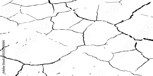 Generate a high-contrast image of a cracked white surface. The cracks should be dark and irregular, forming a network across the white background, resembling dried earth, cracked paint, 