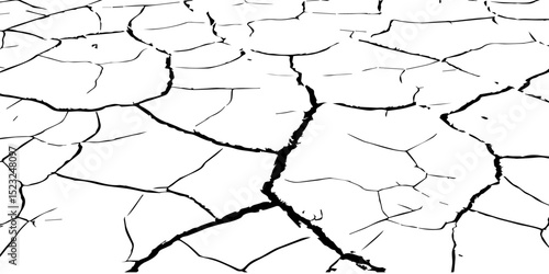 Generate a high-contrast image of a cracked white surface. The cracks should be dark and irregular, forming a network across the white background, resembling dried earth, cracked paint, 