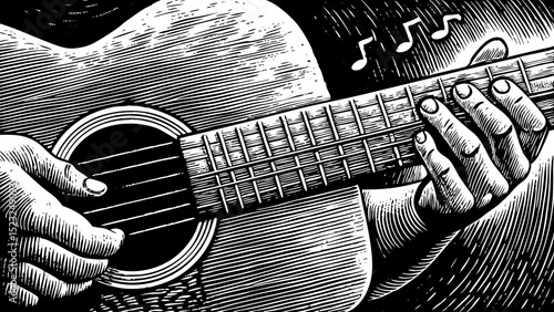 black and white sketch vector of a hand playing an acoustic guitar with musical notes flying off