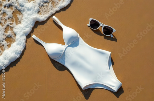 A white swimsuit and sunglasses are lying on the sand, a topview, mockup