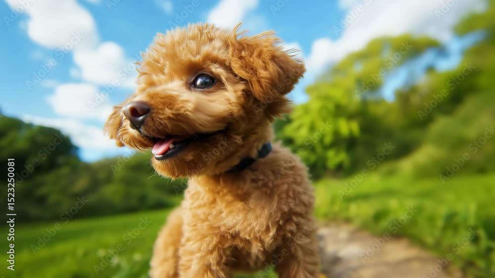 Energetic brown puppy frolicking outdoors against a vibrant green and blue backdrop Energetic brown puppy frolicking outdoors against a vibrant green and blue backdrop