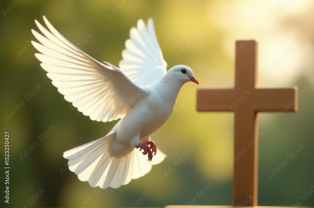 Obraz premium A peaceful scene with a white dove flying next to a wooden cross, often used for symbolic or inspirational purposes