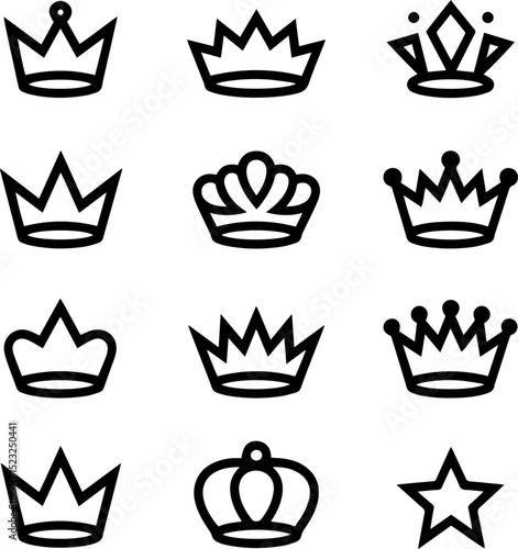 Collection of simple black crown icons set for design king logo line white royal queen regal power