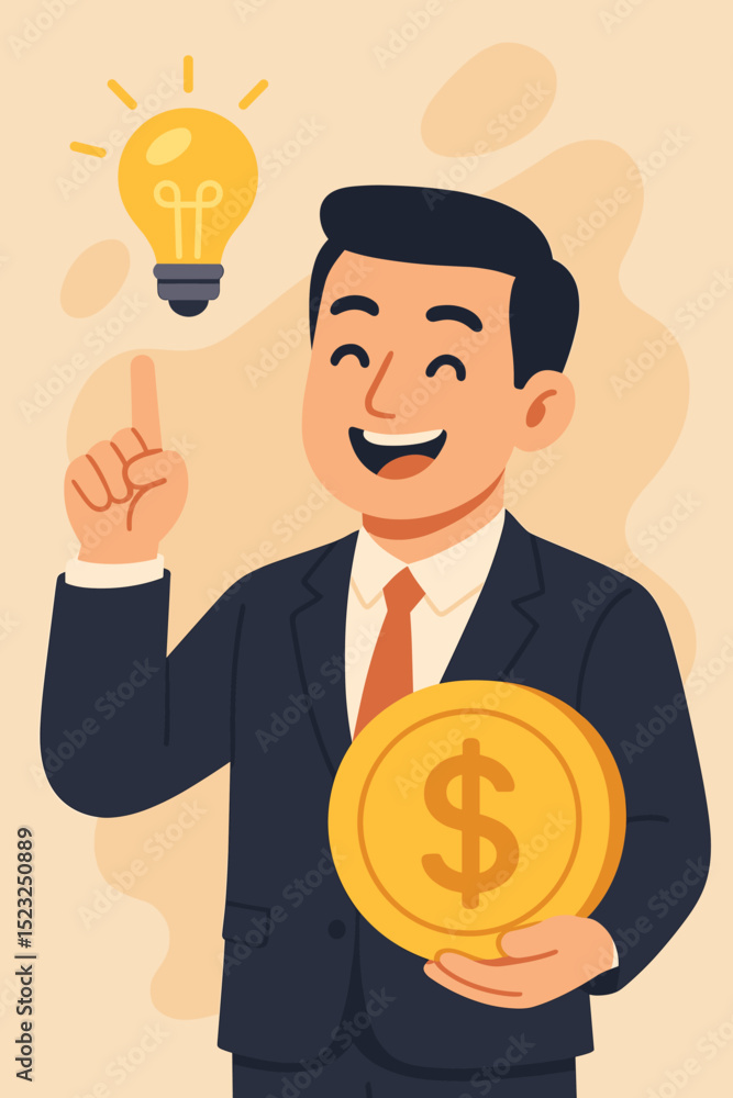Profiting from innovation concept. Businessman with bright idea lightbulb, holding large dollar coin. Financial success, entrepreneurship, investment, creativity, monetization strategy. Profiting from innovation concept. Businessman with bright idea lightbulb, holding large dollar coin. Financial success, entrepreneurship, investment, creativity, monetization strategy.