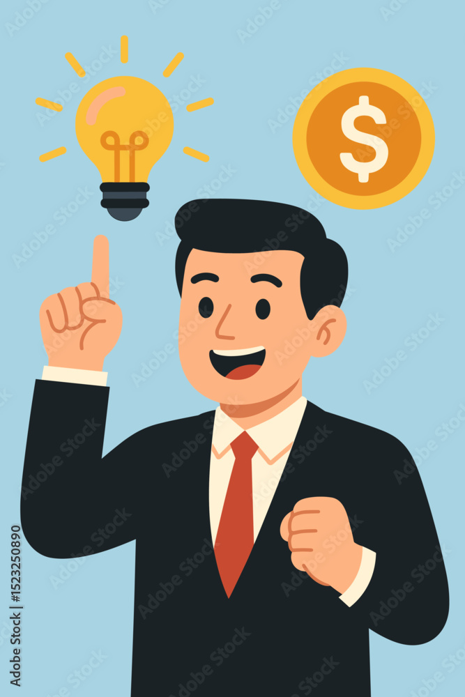 Profiting from Innovation: Businessman with Bright Idea Lightbulb and Money Coin. Concept of Business Strategy, Financial Success, Entrepreneurship, Investment, Startup Growth. Vector Art. Profiting from Innovation: Businessman with Bright Idea Lightbulb and Money Coin. Concept of Business Strategy, Financial Success, Entrepreneurship, Investment, Startup Growth. Vector Art.