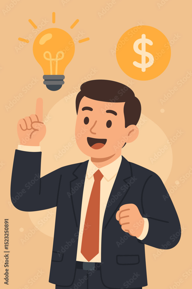 Businessman profiting from innovation. Creative idea lightbulb leading to financial success. Entrepreneur turning bright ideas into money. Concept of business growth and investment strategy. Businessman profiting from innovation. Creative idea lightbulb leading to financial success. Entrepreneur turning bright ideas into money. Concept of business growth and investment strategy.