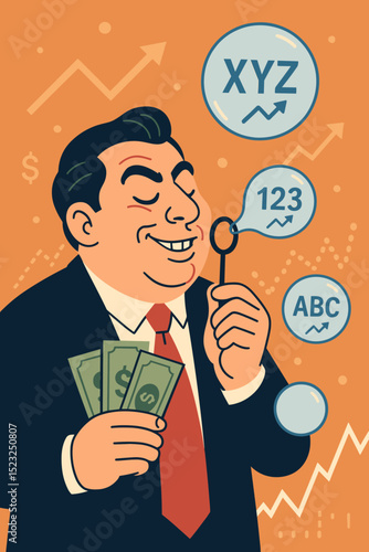 Retro illustration of speculative market bubble. Businessman blowing stock bubbles, holding cash. Financial risk, economic boom bust cycle, stock market speculation, overvalued assets.