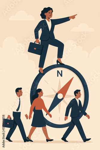 Businesswoman leader stands on compass, pointing the way for diverse team. Female leadership concept. Metaphor for corporate vision, guidance, strategy, achieving success, career navigation.