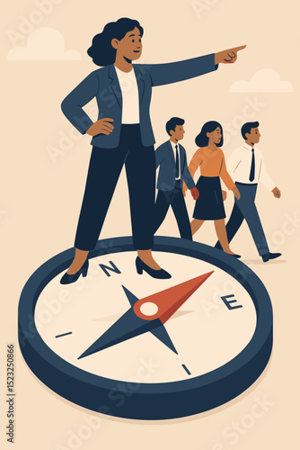 Female leadership concept. Businesswoman pointing, guiding diverse team on giant compass. Corporate vision, strategy, direction for success. Empowerment, teamwork, career navigation, goal achievement.