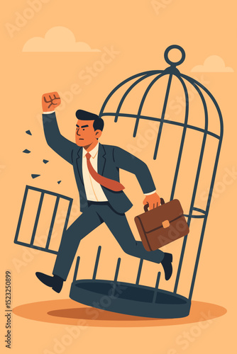 Businessman breaking free from birdcage, symbol of liberation and escaping corporate confinement. Concept of career change, new opportunity, overcoming challenges, and achieving success.