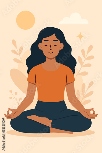 Mindful meditation woman lotus pose. Yoga practice for inner peace, serenity, bliss. Female character relaxing. Mental health, well-being, spiritual concept. Stress relief. Vector illustration. Calm.