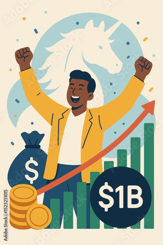 Unicorn startup triumph. Businessman celebrates $1B valuation. Financial growth, investment success, business achievement, entrepreneurship. Vector illustration, market success, profit goal.