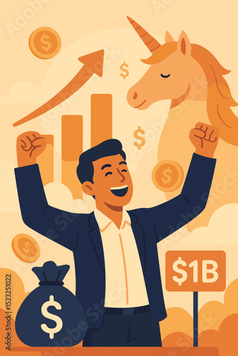 Unicorn startup triumph concept. Businessman celebrating billion dollar valuation. Financial success, investment growth. Entrepreneur achievement, market expansion, and profit chart vector.