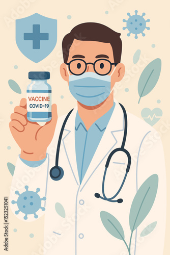 COVID-19 vaccine illustration: Doctor in mask presents vial for immunization. Medical professional, healthcare, pandemic prevention. Coronavirus protection, stethoscope, shield, virus icon vector.