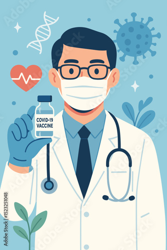 Medical doctor with COVID-19 vaccine. Healthcare professional in mask holding vial. Concept for coronavirus immunization, pandemic response, virology research, and public health campaign.
