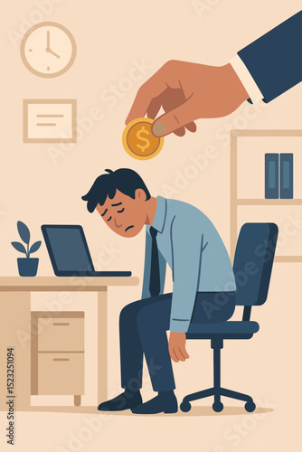 Employee motivation concept. Tired office worker burnout. Financial incentive offered. Unmotivated man at desk with laptop. Extrinsic reward. Work stress and productivity challenge.