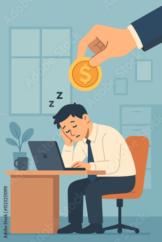 Unmotivated employee sleeping at office desk, financial incentive concept. Hand offering dollar coin as reward to tired businessman for better productivity, motivation and work performance.