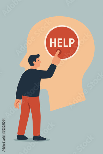 Mental health support. Mind psychology concept. Man pressing help button in human head silhouette. Therapy for emotional aid, wellness, awareness, stress, anxiety, depression. Seeking help.