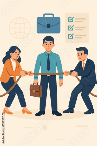 HR recruitment battle concept. Business people in tug-of-war for talented employee. Corporate competition for human resources, candidate hiring, and talent acquisition. War for talent vector.