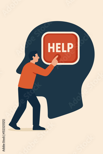 Man pressing help button inside human head silhouette. Concept of seeking psychological assistance, therapy, counseling. Mental wellbeing, emotional support, self-care. Vector.