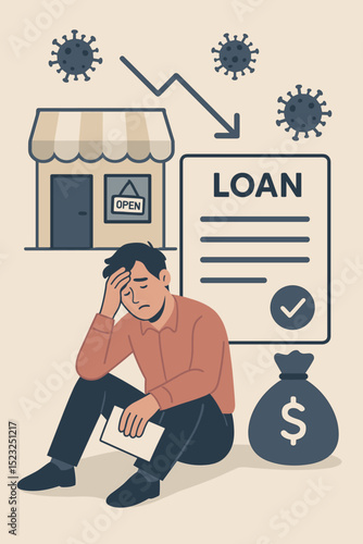 Small business crisis. Entrepreneur seeks financial aid, loan for store. Pandemic impact, COVID-19, economic downturn, bankruptcy risk. Man stressed by money problems, needs support.