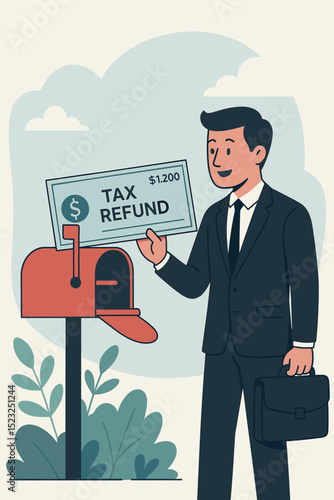 Tax refund joy illustrated. Businessman pulls large check from mailbox. Financial windfall, government rebate, income tax return. Happy man in suit with money, financial concept.
