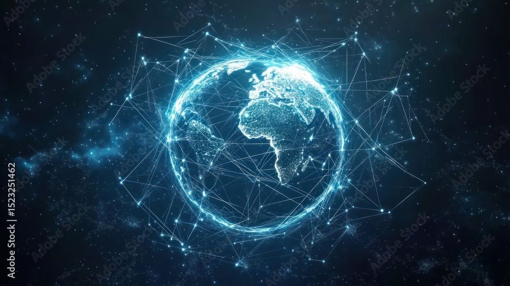 Glowing earth surrounded by abstract network, in a blue starry cosmic background Glowing earth surrounded by abstract network, in a blue starry cosmic background