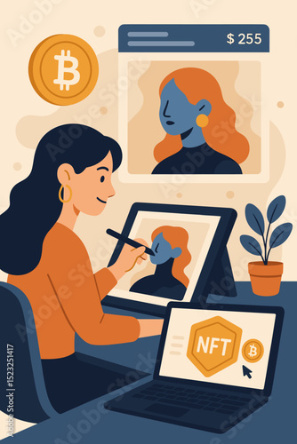NFT digital art creation. Female artist, graphic tablet. Crypto art. Bitcoin, blockchain. Woman designer with laptop. Online sale, digital marketplace. Cryptocurrency. Modern vector illustration.