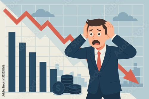 Panicked businessman stressed by financial crisis and economic recession. Stock market crash, investment loss, and business failure concept illustration. Declining chart, downward arrow.