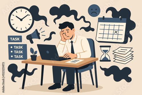 Frustrated Businessman Overwhelmed by Workload. Stressed Employee with Deadline Pressure. Burnout Syndrome and Time Management. Office Stress, Anxiety and Productivity Issues.