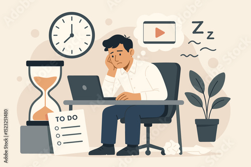 Man procrastinating at work. Tired, bored office worker feeling unmotivated and stressed. Burnout concept with deadline pressure, poor time management, and mental fatigue.