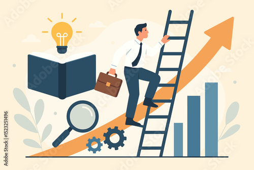 Career growth journey of an ambitious businessman climbing the ladder of success. Professional development concept with knowledge, innovative idea, research, gears, and progress chart.