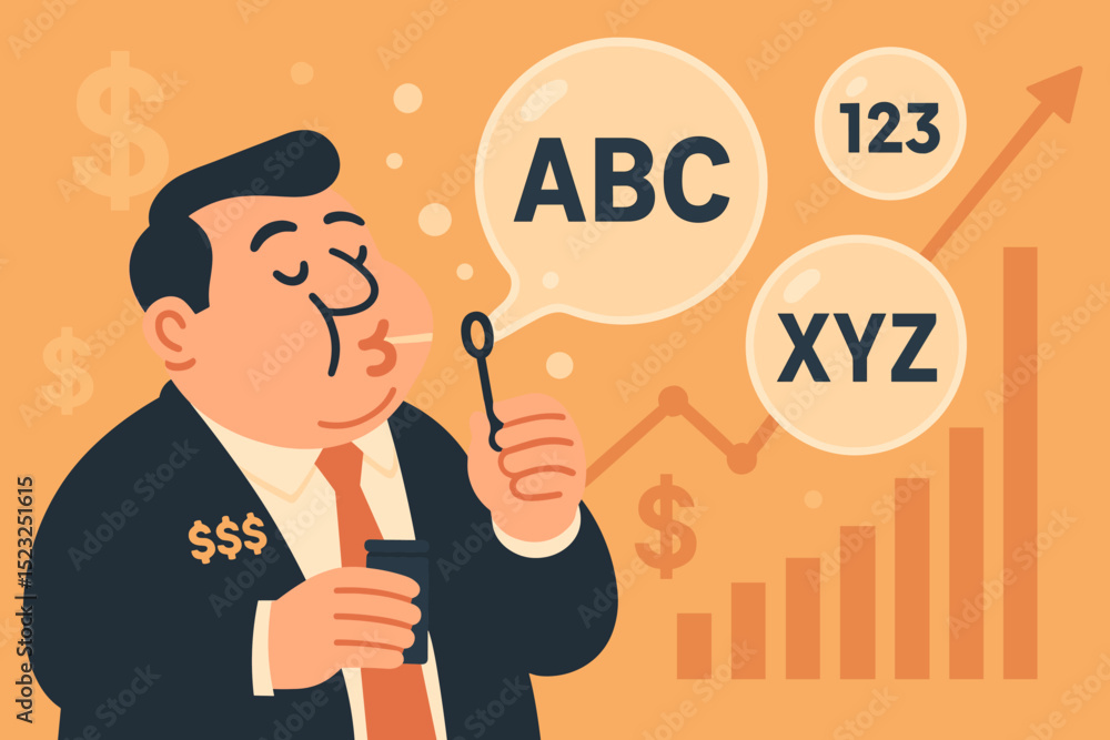 Businessman blowing speculative market bubbles representing stock market growth, asset overvaluation, and financial risk. Concept of economic boom, investment crisis, and potential crash. Businessman blowing speculative market bubbles representing stock market growth, asset overvaluation, and financial risk. Concept of economic boom, investment crisis, and potential crash.
