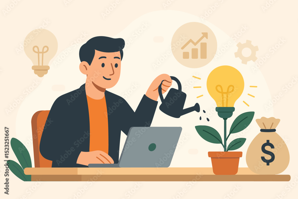 Startup idea development. Businessman nurtures lightbulb plant, symbolizing innovation and growth. Investment, financial success strategy. Entrepreneur cultivating business for profit and achievement. Startup idea development. Businessman nurtures lightbulb plant, symbolizing innovation and growth. Investment, financial success strategy. Entrepreneur cultivating business for profit and achievement.