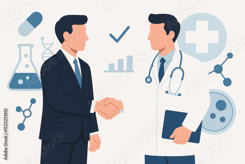 Healthcare partnership agreement. Doctor and businessman shaking hands. Medical merger success, pharmaceutical collaboration, research innovation, and investment deal confirmed with checkmark.